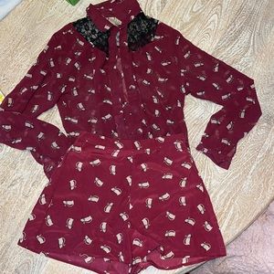 Forever 21 Maroon Top & Shorts with Cat Print small XS